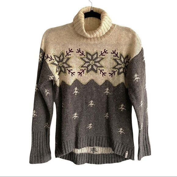 Woolrich Wool Long Sleeve Turtleneck Sweater Snowflakes Grey Cream XS - Picture 1 of 4